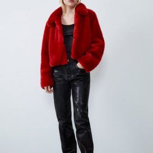 Zara Red Faux Fur Coat Size Medium NWT